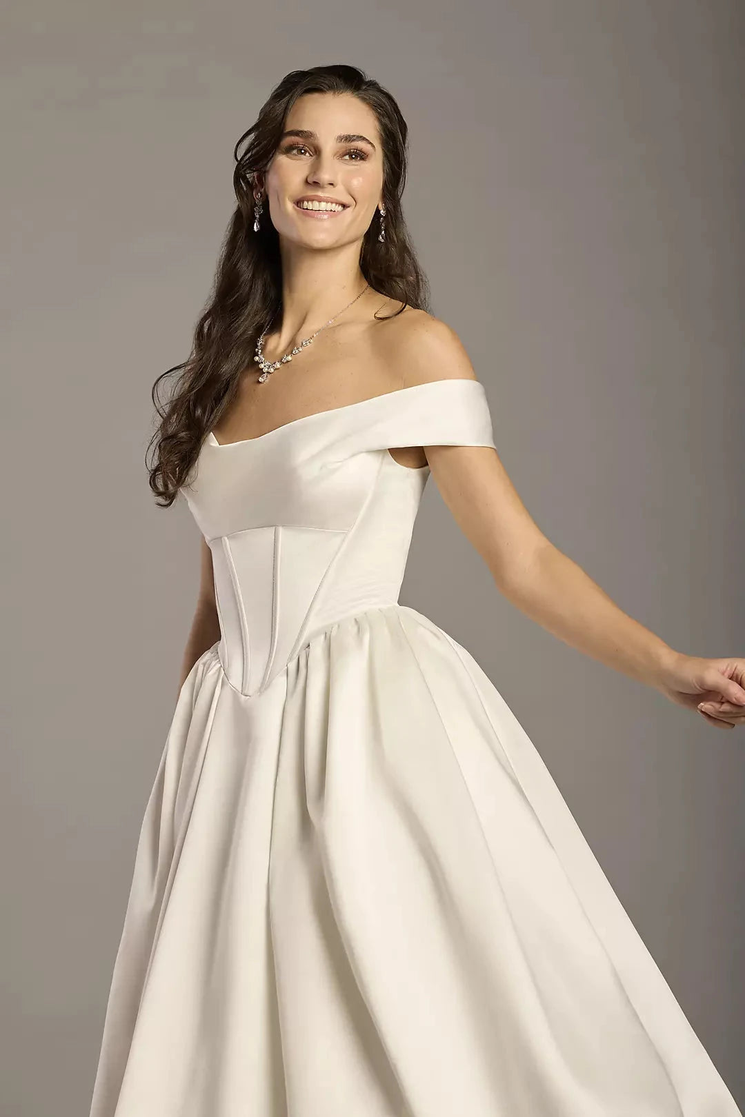 Regal Ballgown Off-the-Shoulder Satin Corset Bodice Full-Skirt Train Wedding Dress by YiHuiw