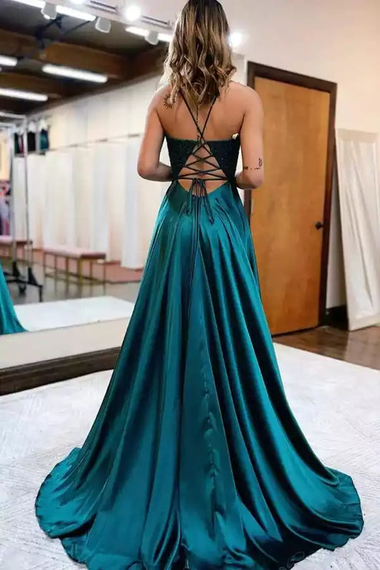 Regal Emerald Green Satin A-Line Prom Dress with Lace Bodice & Lace-Up Back