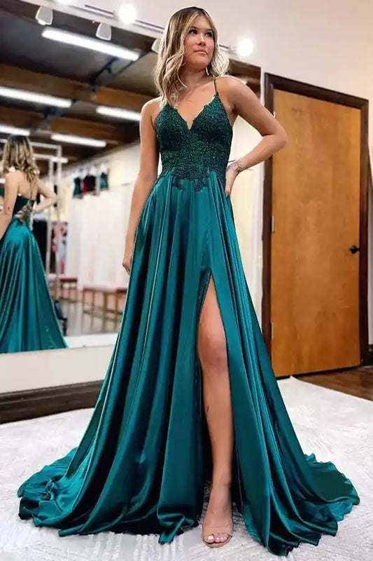 Regal Emerald Green Satin A-Line Prom Dress with Lace Bodice & Lace-Up Back