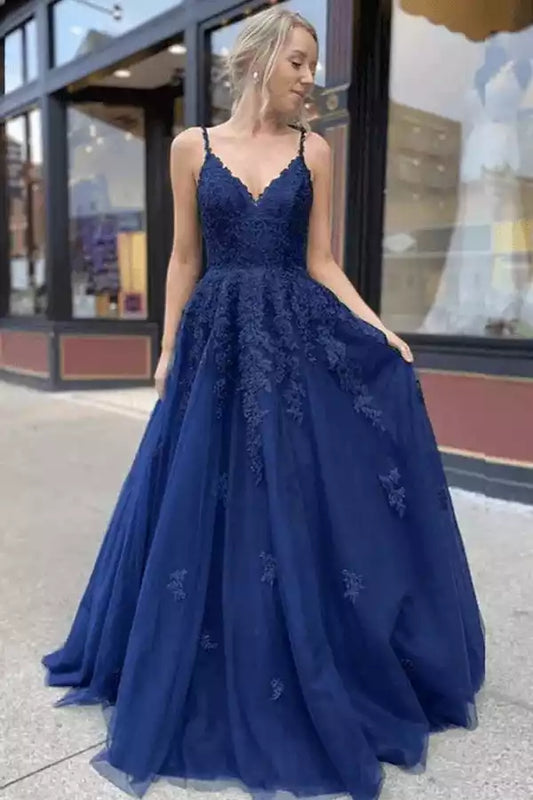 Regal Navy Blue Tulle Ball Dress with Lace Bodice & Lace-Up Back