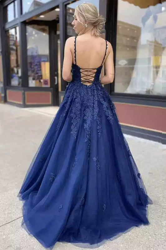 Regal Navy Blue Tulle Ball Dress with Lace Bodice & Lace-Up Back