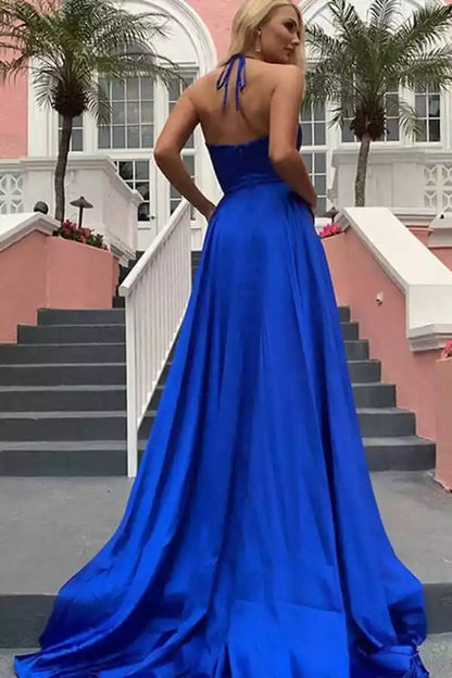 Vestido Real de Satén Azul Real de Corte en A con Cuello Halter y Abertura Alta