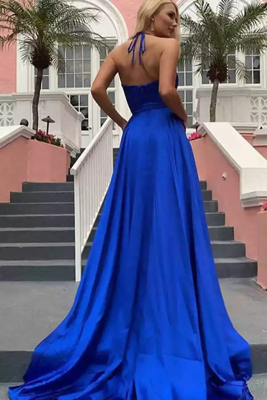 Regal Royal Blue Satin A-Line Dress with Halter Neck & High Slit