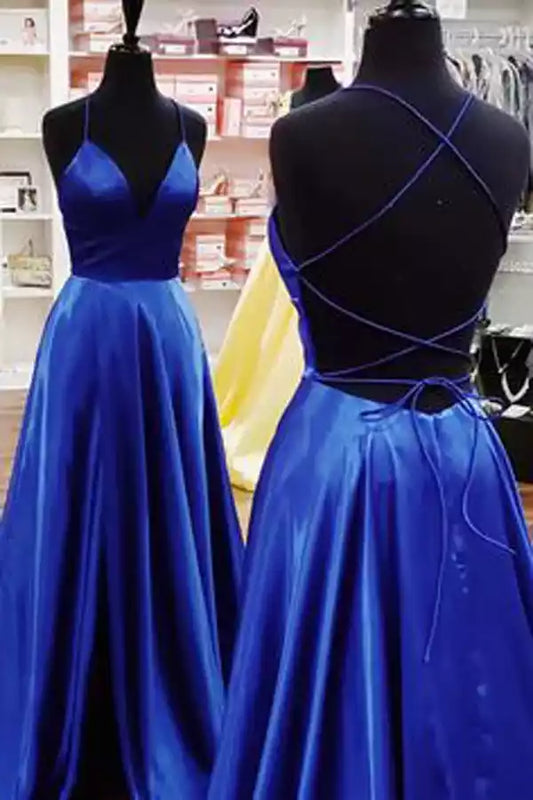 Regal Royal Blue Satin A-Line Prom Dress with Plunge V-Neck & Lace-Up Back
