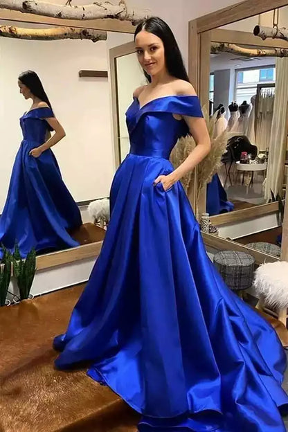 Vestido de gala de satén azul real majestuoso con escote de hombros descubiertos y bolsillos