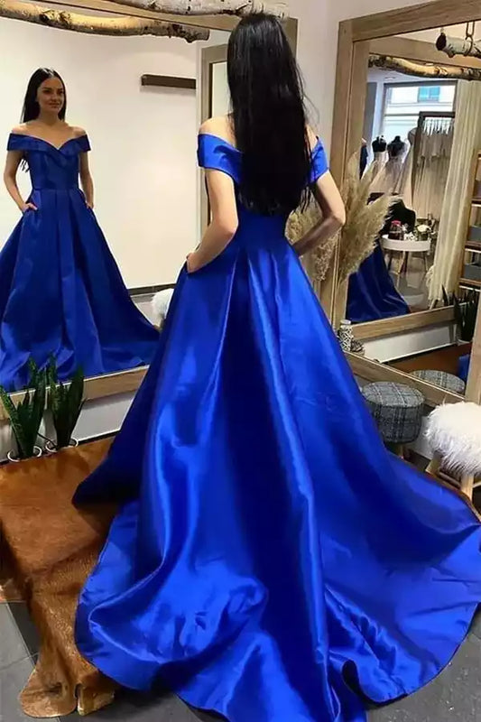 Regal Royal Blue Satin Ball Dress with Off-the-Shoulder Neck & Pockets