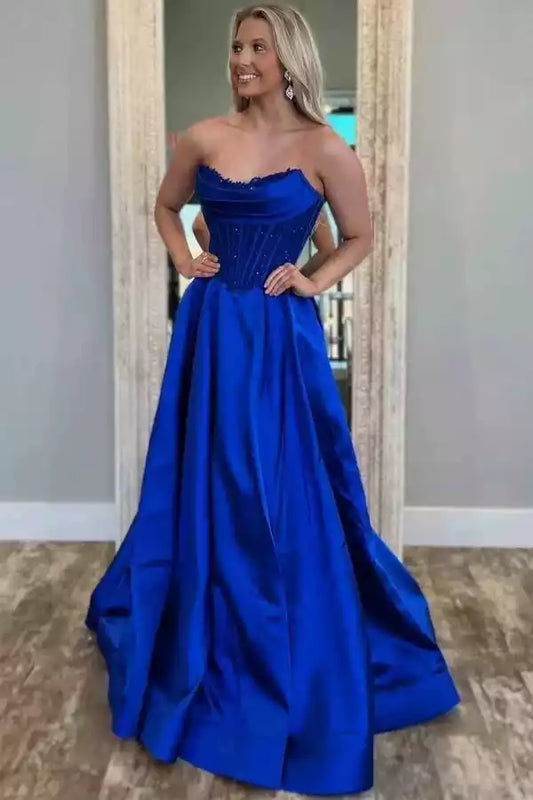 Regal Royal Blue Satin Ball Dress with Strapless Corset Bodice & Train