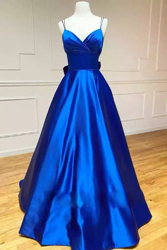 Regal Royal Blue Satin Ball Dress with Sweetheart Neck & Oversized Back Bow