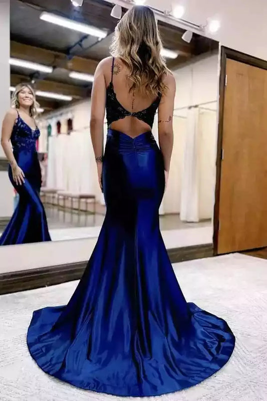 Regal Royal Blue Satin Mermaid Dress with Black Lace Bodice & Open Back