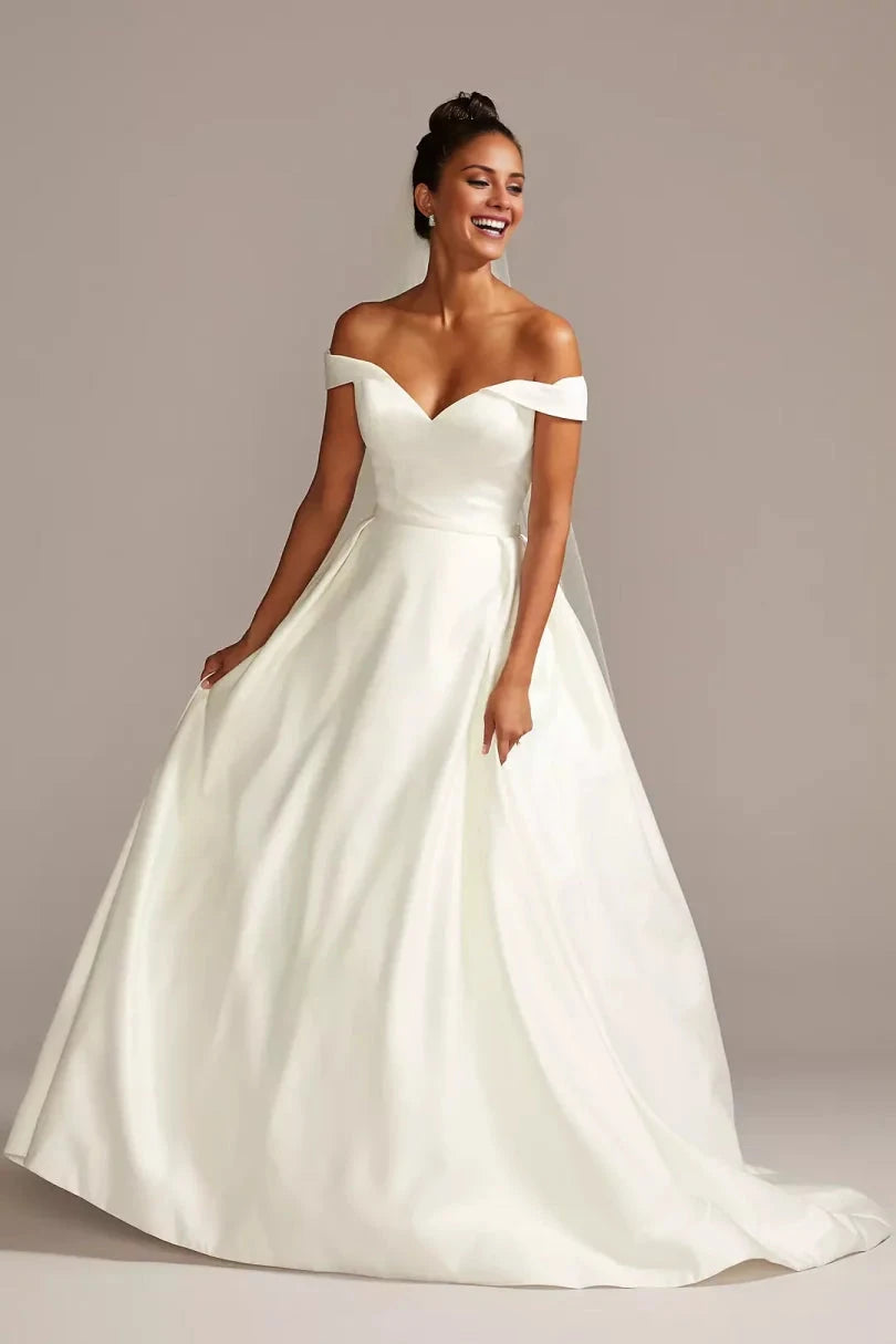 Regal Satin Ballgown Off-the-Shoulder Sweetheart Low-Back Train Wedding Dress by YiHuiw