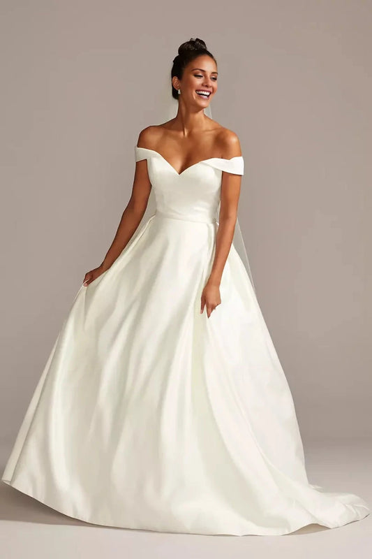 Regal Satin Ballgown Off-the-Shoulder Sweetheart Low-Back Train Wedding Dress by YiHuiw