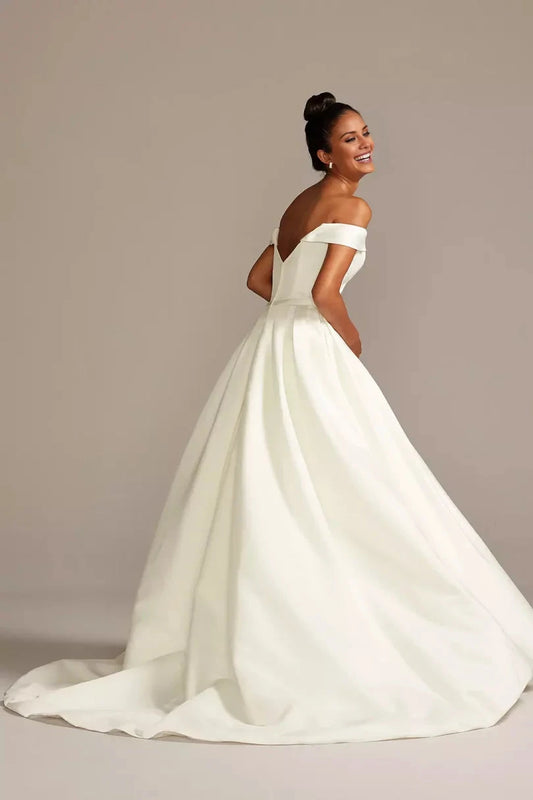 Regal Satin Ballgown Off-the-Shoulder Sweetheart Low-Back Train Wedding Dress by YiHuiw