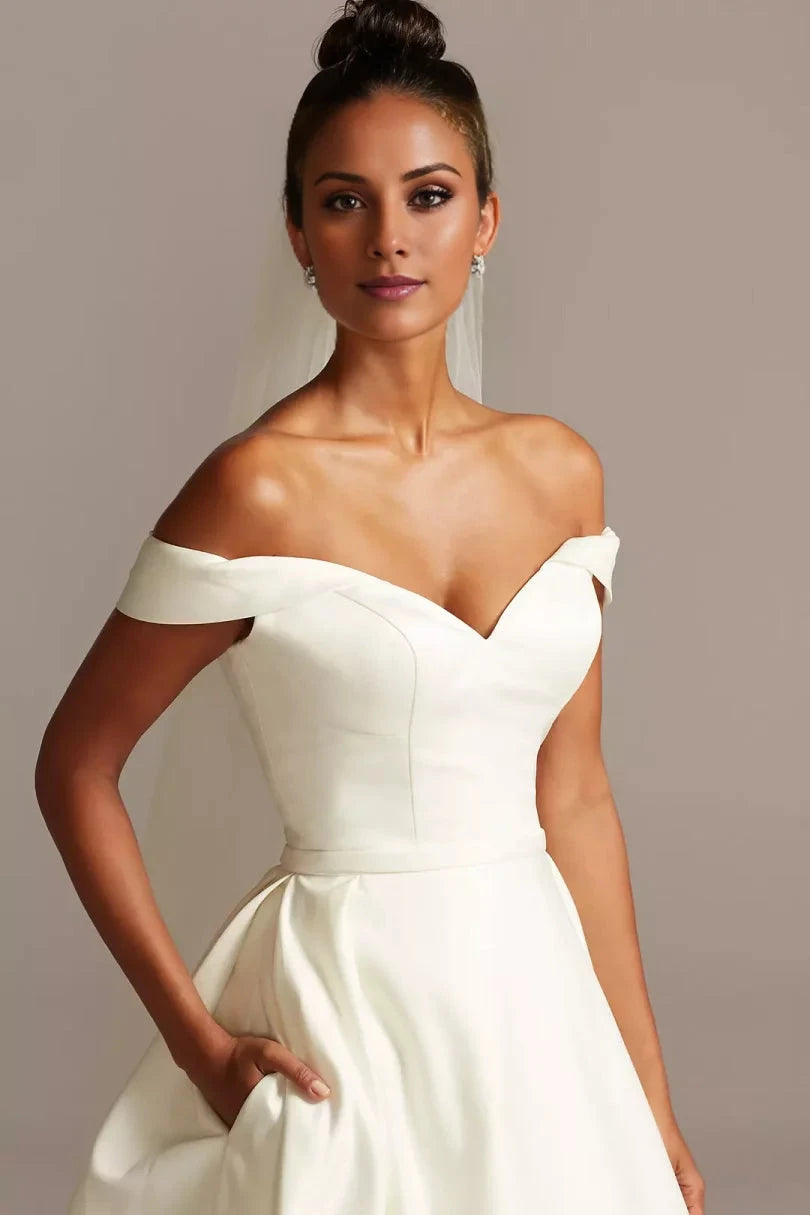 Regal Satin Ballgown Off-the-Shoulder Sweetheart Low-Back Train Wedding Dress by YiHuiw