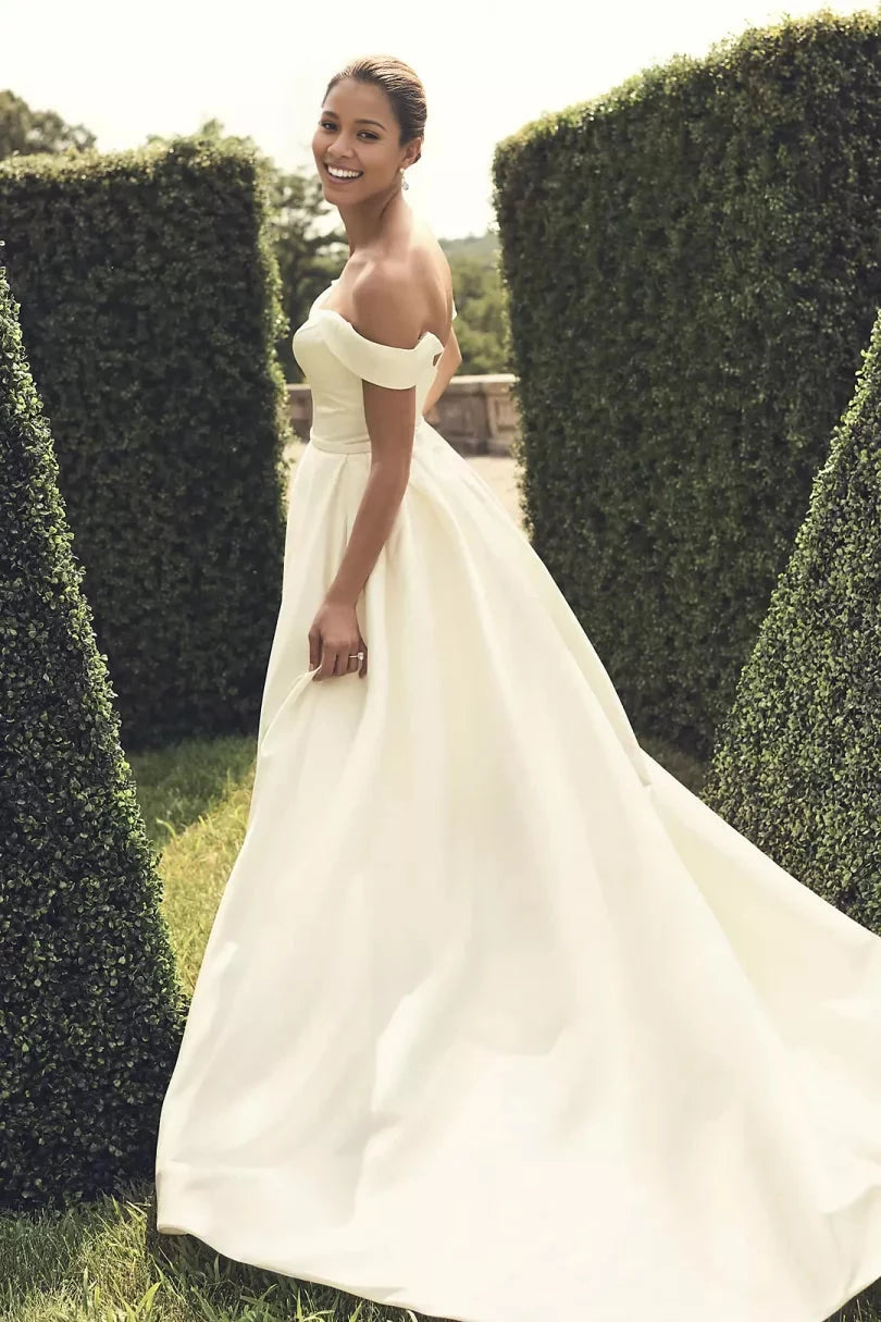 Regal Satin Ballgown Off-the-Shoulder Sweetheart Low-Back Train Wedding Dress by YiHuiw