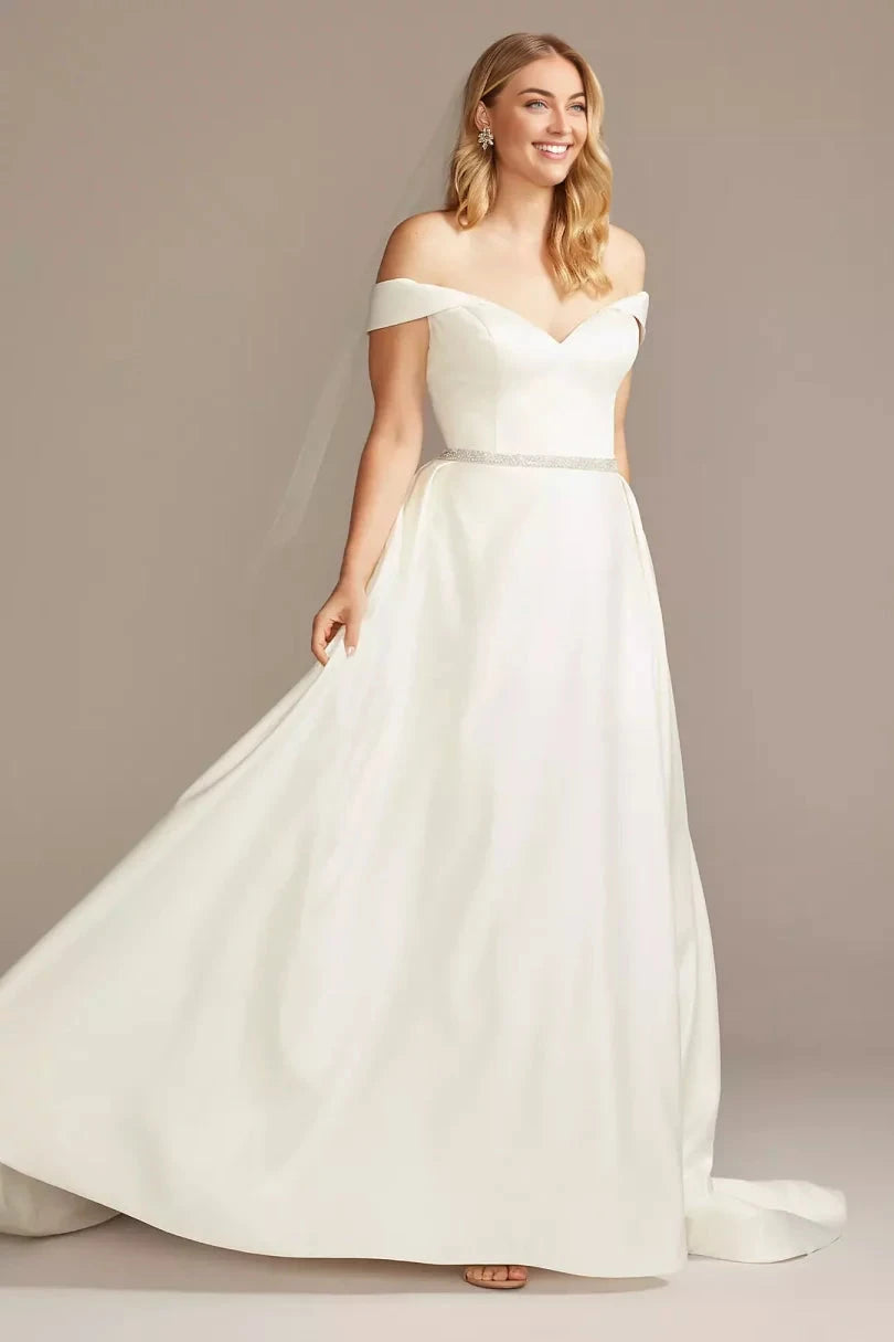 Regal Satin Ballgown Off-the-Shoulder Sweetheart Low-Back Train Wedding Dress by YiHuiw