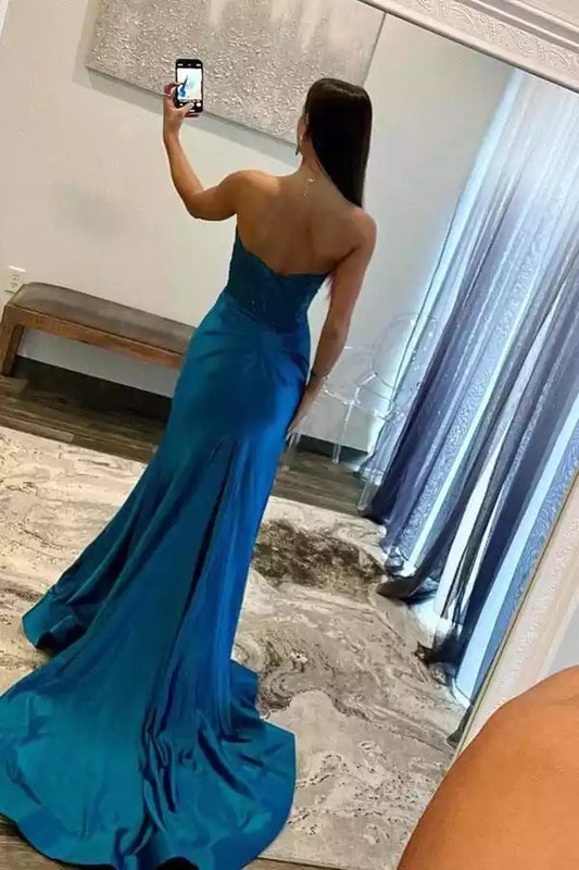 Regal Teal Satin Mermaid Prom Dress with Beaded Lace Bodice & High Slit