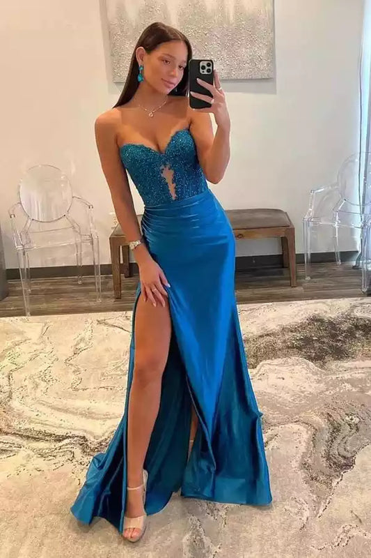 Regal Teal Satin Mermaid Prom Dress with Beaded Lace Bodice & High Slit