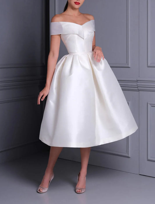 A-Line Off-Shoulder Satin Tea-Length Wedding Dress - Yihuiw by Yihuiw
