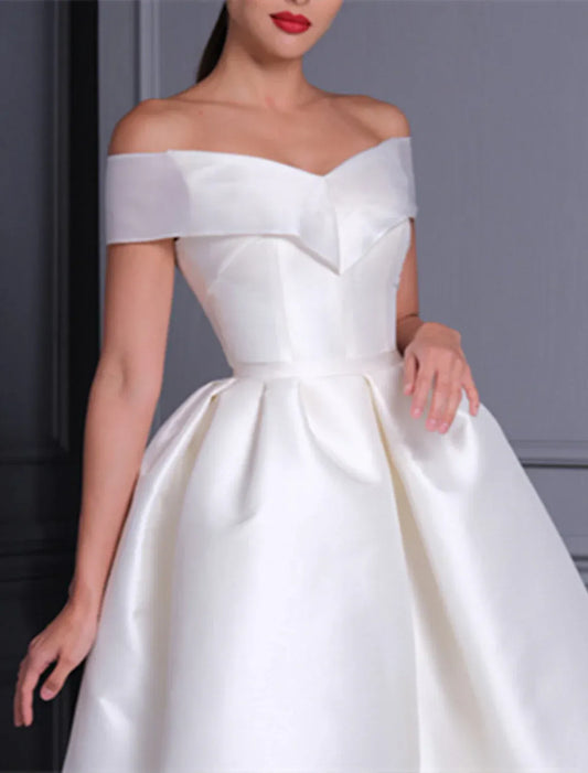 A-Line Off-Shoulder Satin Tea-Length Wedding Dress - Yihuiw by Yihuiw