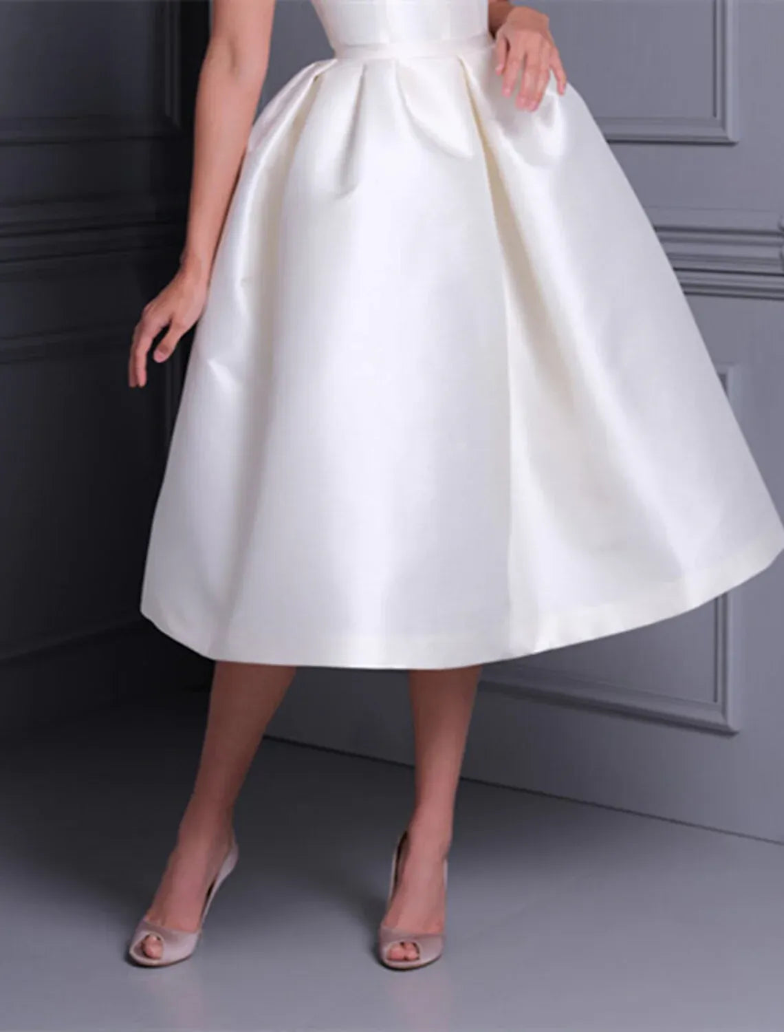 A-Line Off-Shoulder Satin Tea-Length Wedding Dress - Yihuiw by Yihuiw