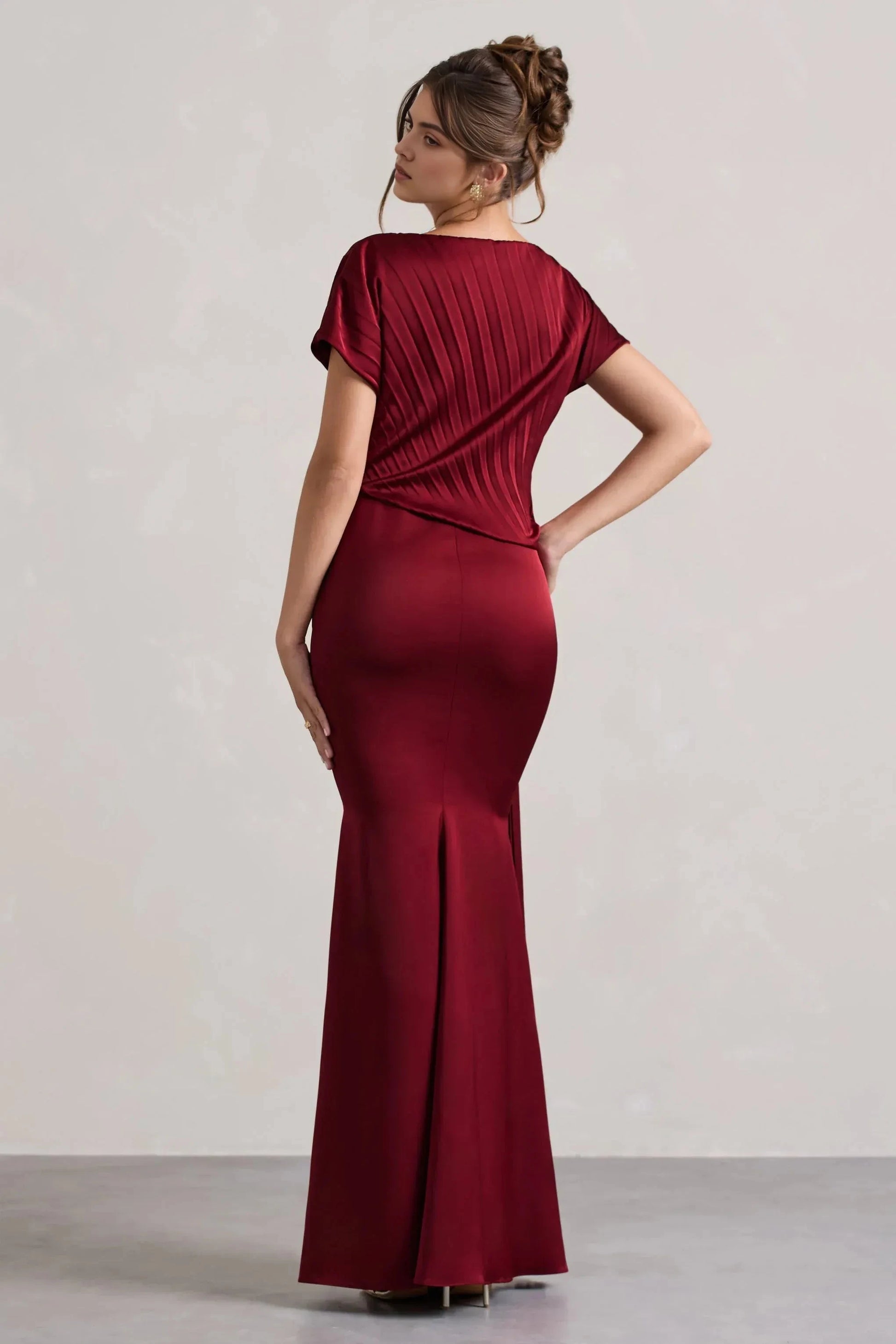 Rich Mermaid Crew Neck Short Sleeve Pleated Back Floor Length For Ladies Evening Dress by YiHuiw