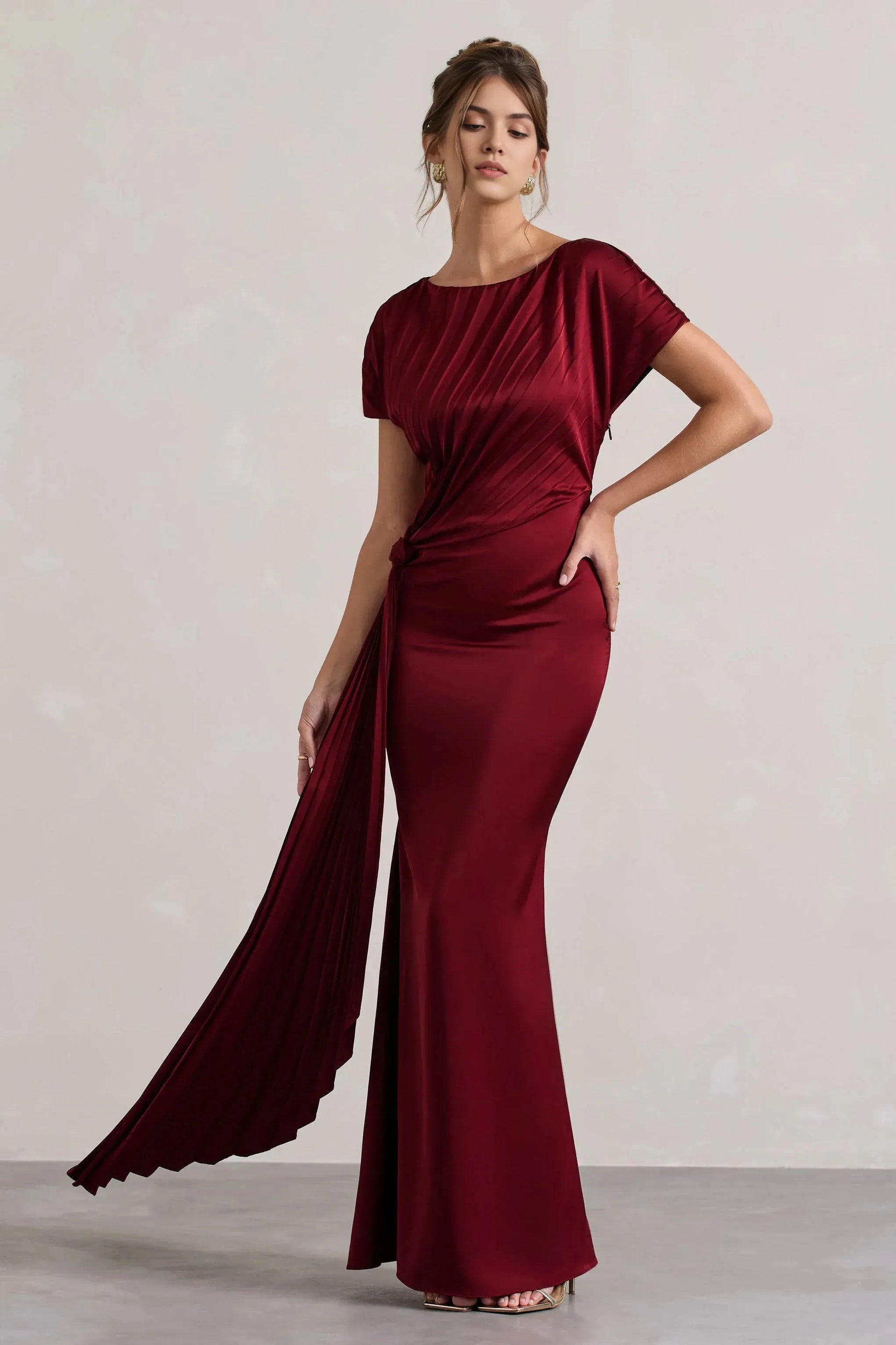 Rich Mermaid Crew Neck Short Sleeve Pleated Back Floor Length For Ladies Evening Dress by YiHuiw