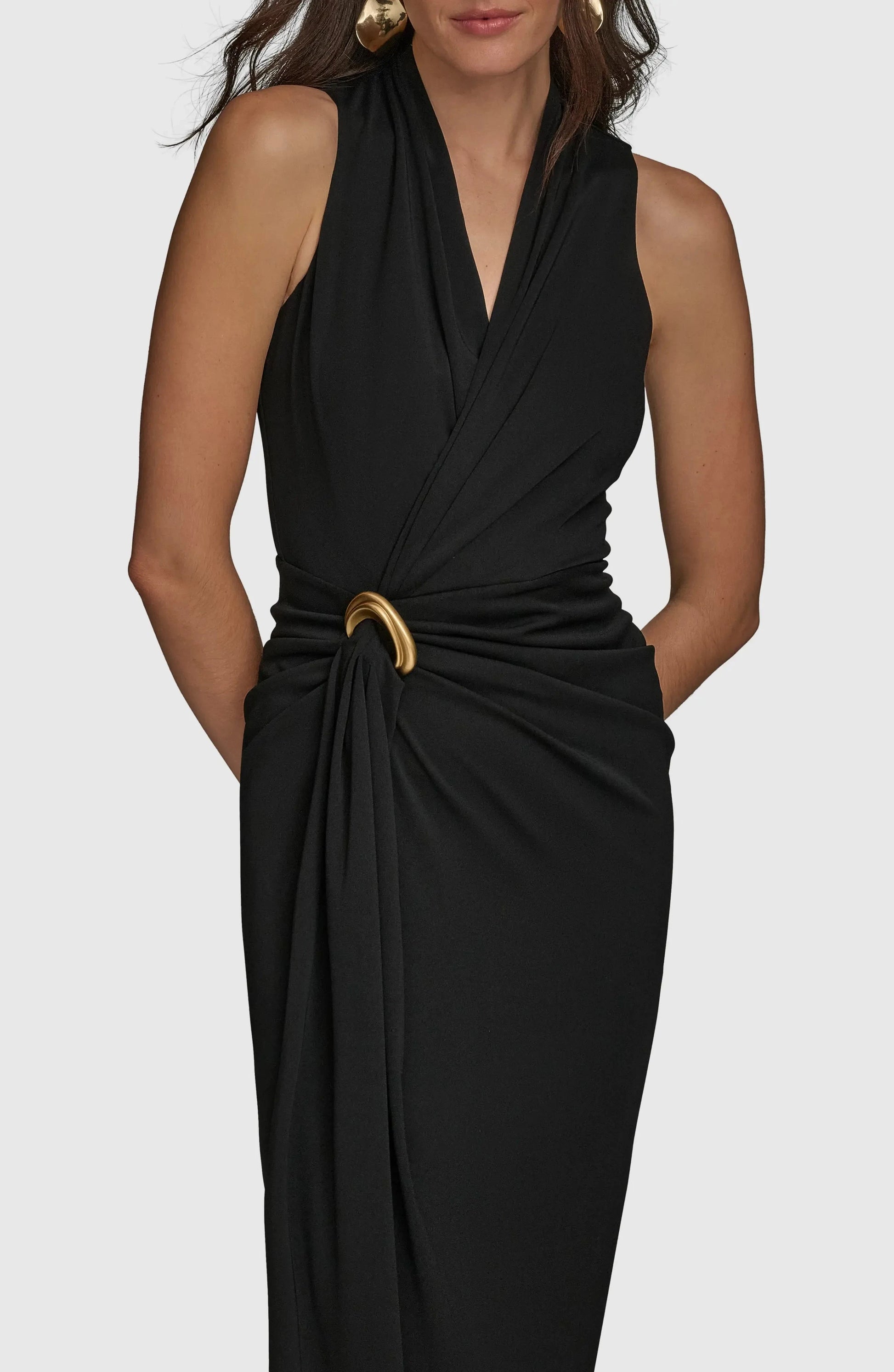 Ring Accented Sheath Wrap V Neck Sleeveless Zipper Back Midi Length For Sale Evening Dress by YiHuiw