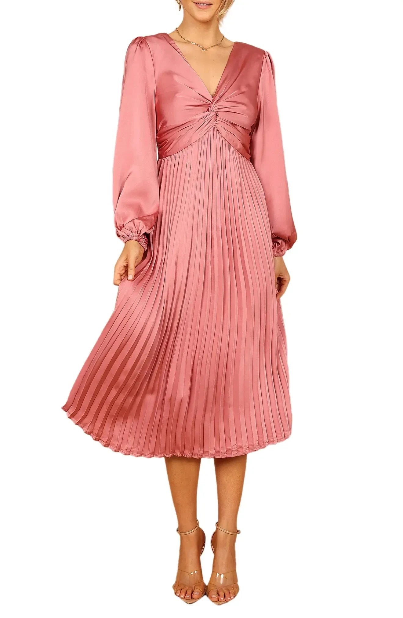 Romantic A Line Deep V Puff Sleeve Button Back Midi Evening Dress by YiHuiw