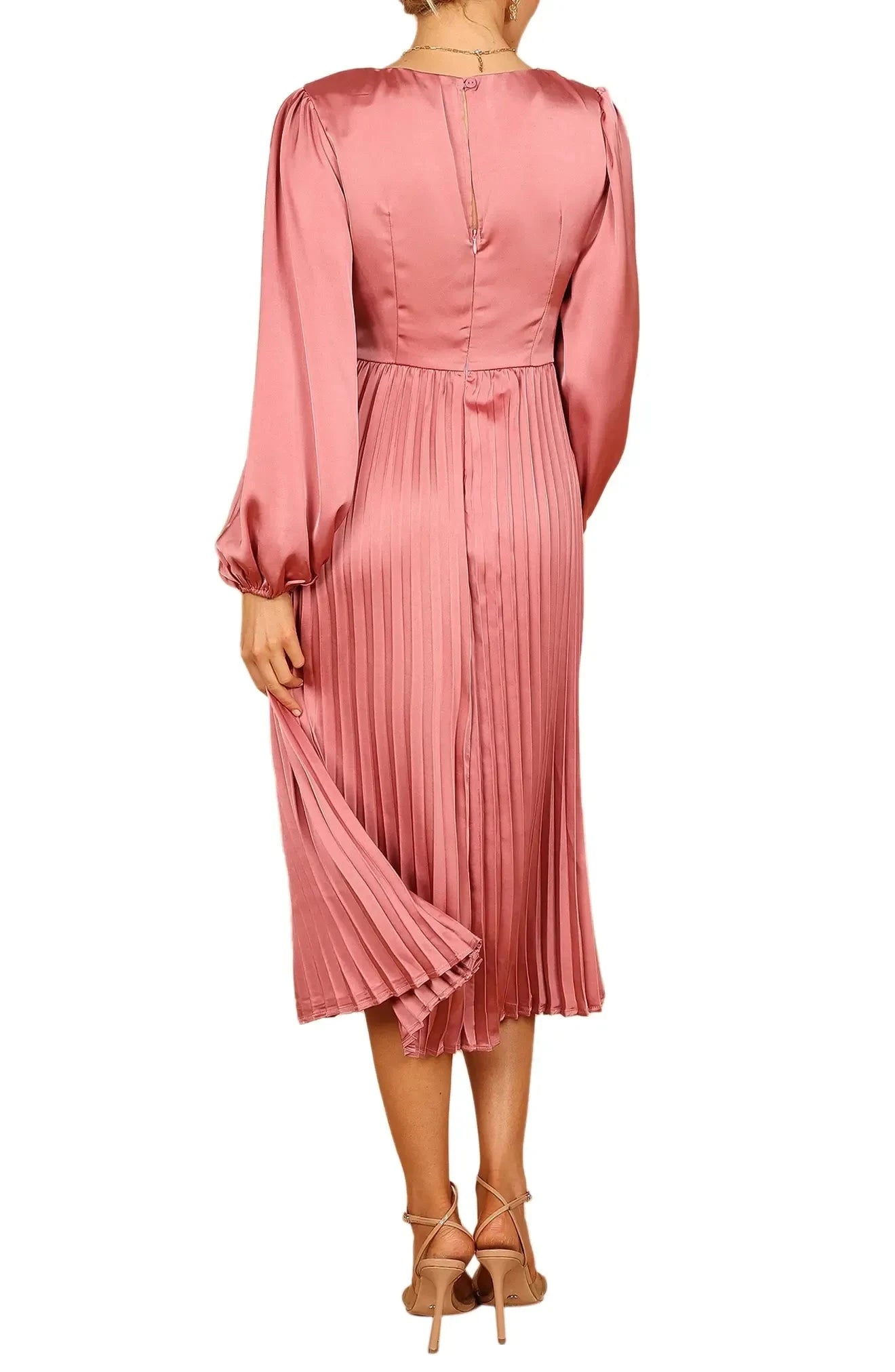 Romantic A Line Deep V Puff Sleeve Button Back Midi Evening Dress by YiHuiw