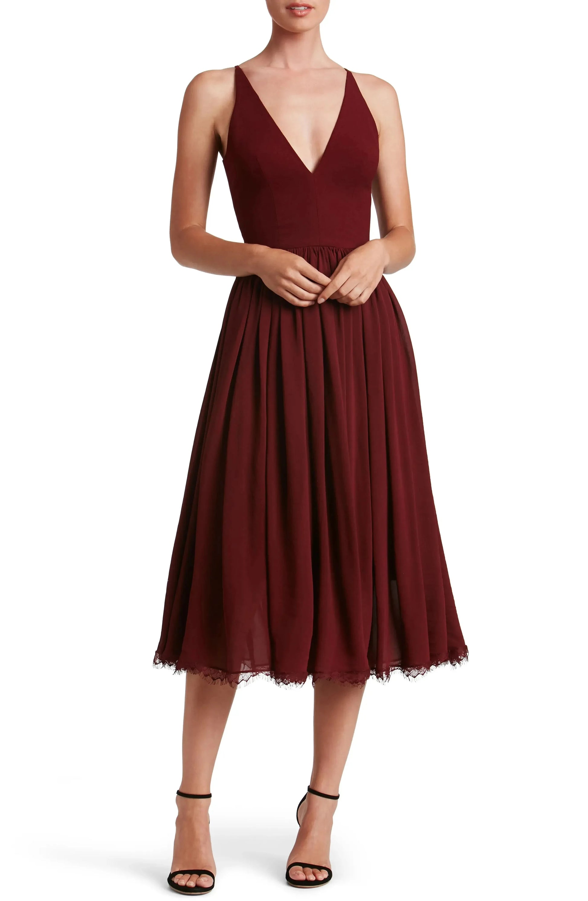 Romantic A Line Deep V Spaghetti Strap Zipper Back Midi Evening Dress by YiHuiw