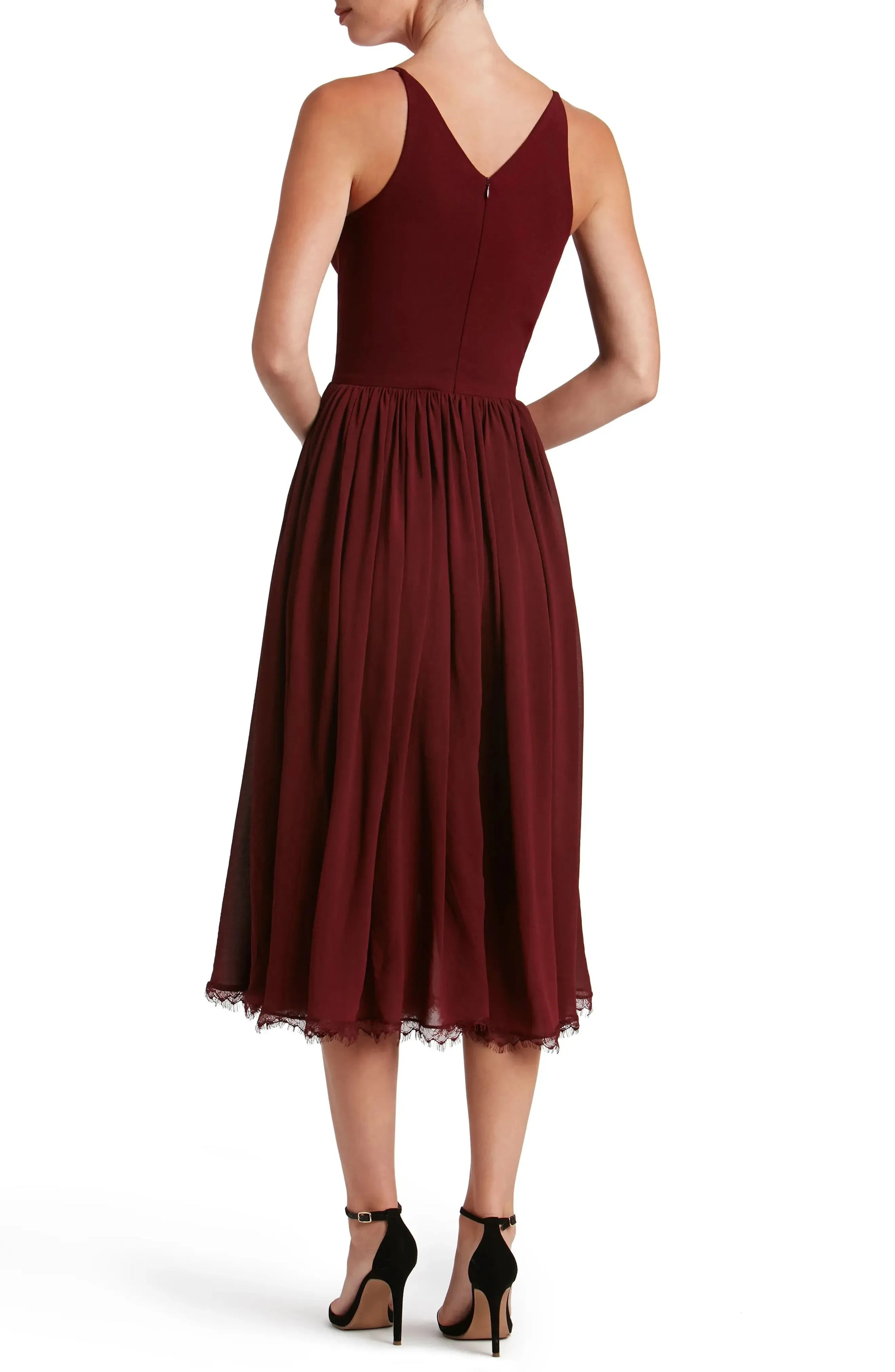 Romantic A Line Deep V Spaghetti Strap Zipper Back Midi Evening Dress by YiHuiw