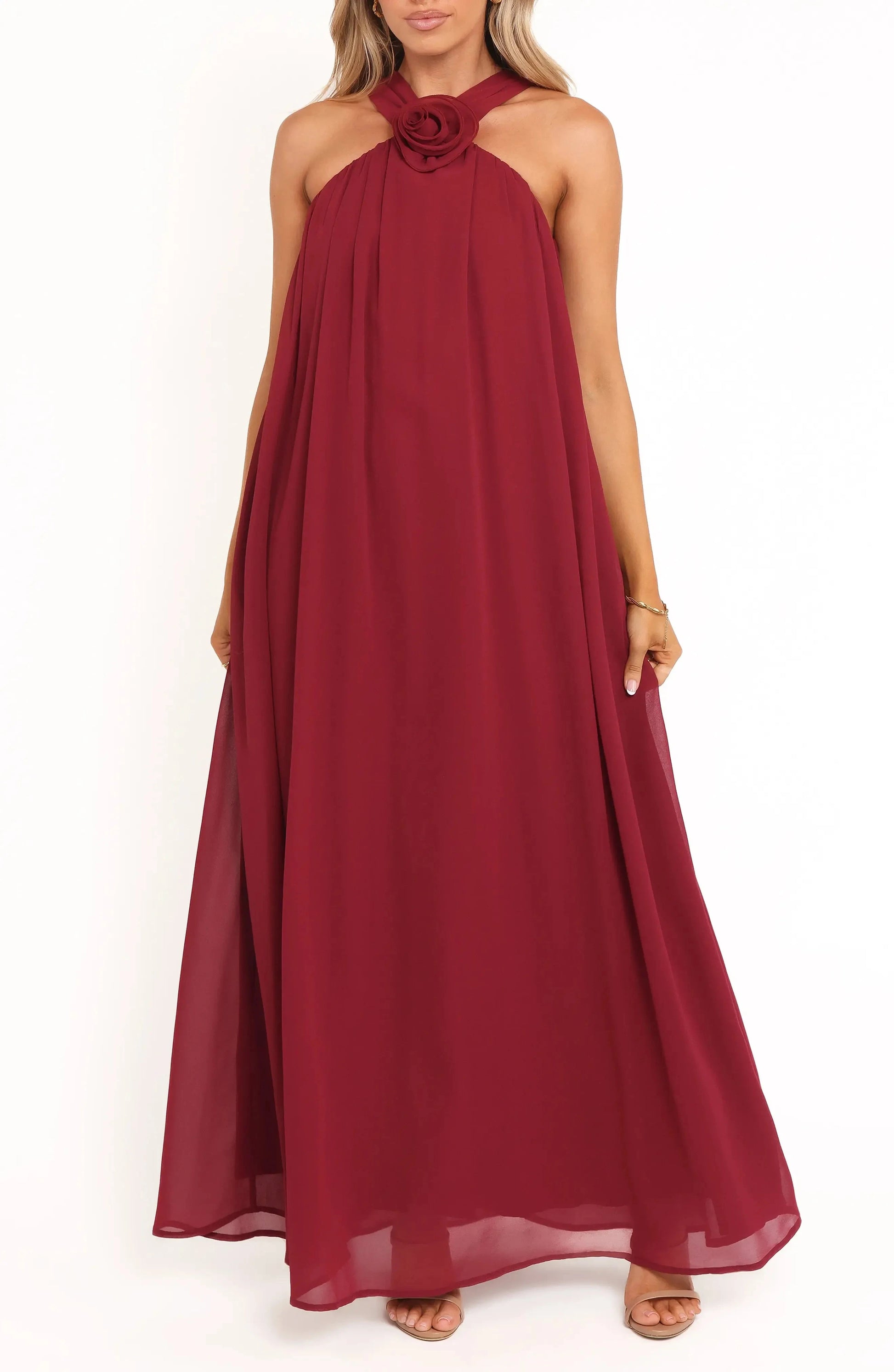 Romantic A Line Halter Neck Sleeveless Zip Back Maxi For Adults Evening Dress by YiHuiw