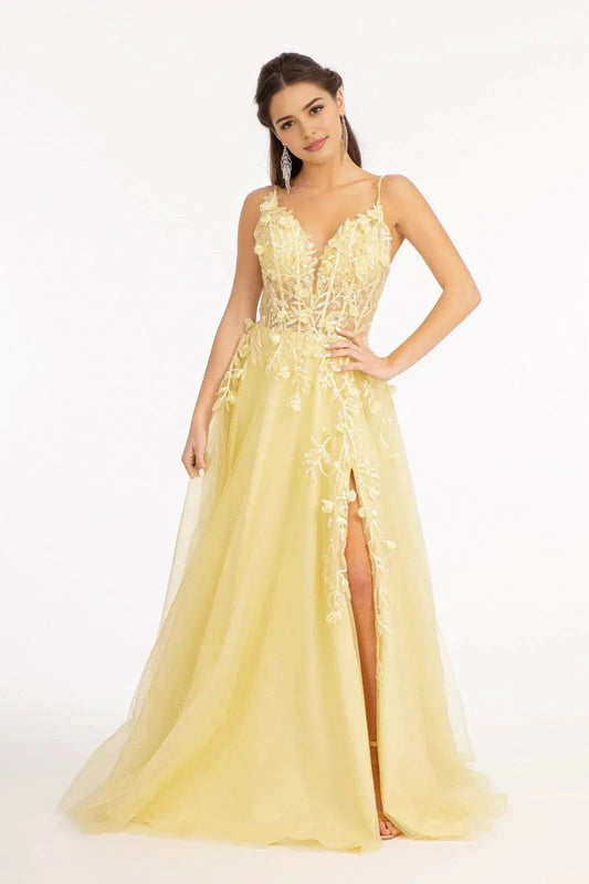 Romantic A-Line Plunging V Neck Spaghetti Strap Lace Up Back Floor Length Prom Dress by YiHuiw