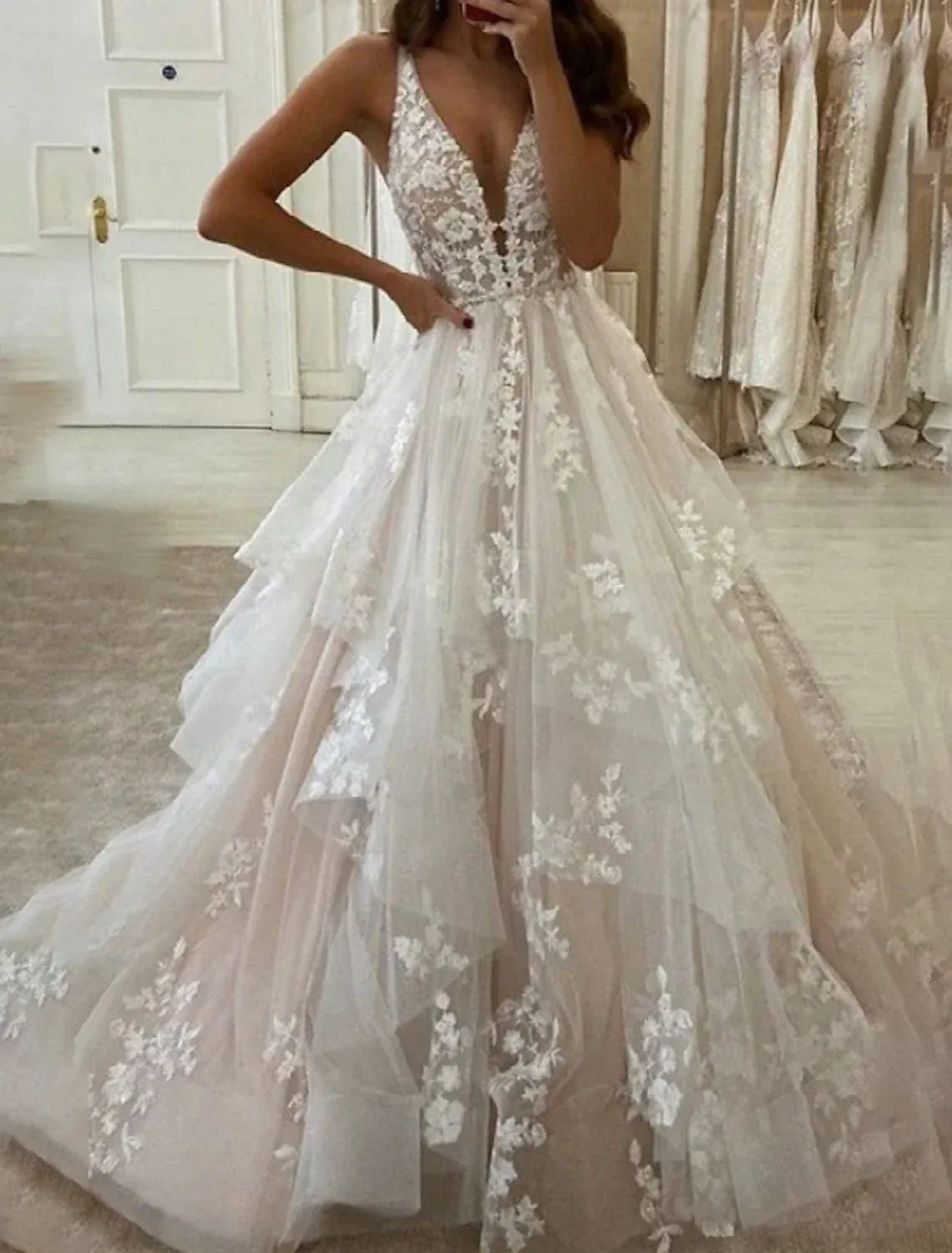A-Line Spaghetti Strap Tulle Tiered Wedding Dress - Yihuiw by Yihuiw