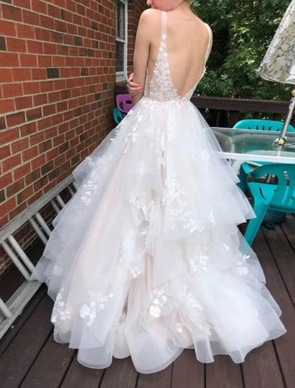 A-Line Spaghetti Strap Tulle Tiered Wedding Dress - Yihuiw by Yihuiw