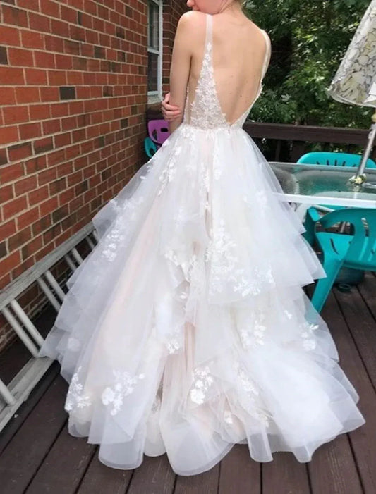 A-Line Spaghetti Strap Tulle Tiered Wedding Dress - Yihuiw by Yihuiw