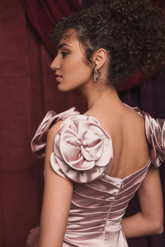 Romantic A-Line Sweetheart Flower Sleeve Open Back Floor Length Prom Dress by YiHuiw