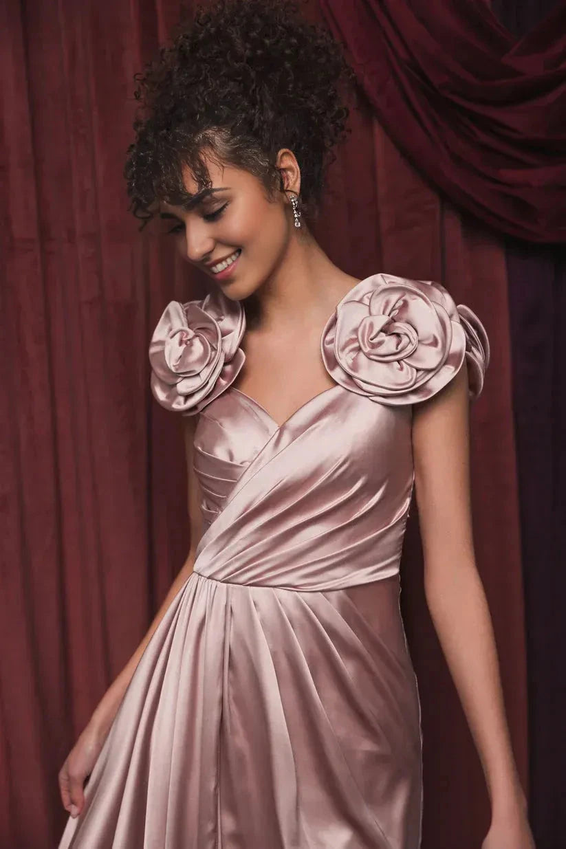 Romantic A-Line Sweetheart Flower Sleeve Open Back Floor Length Prom Dress by YiHuiw