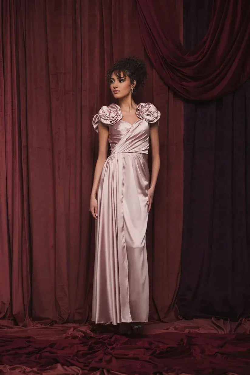 Romantic A-Line Sweetheart Flower Sleeve Open Back Floor Length Prom Dress by YiHuiw