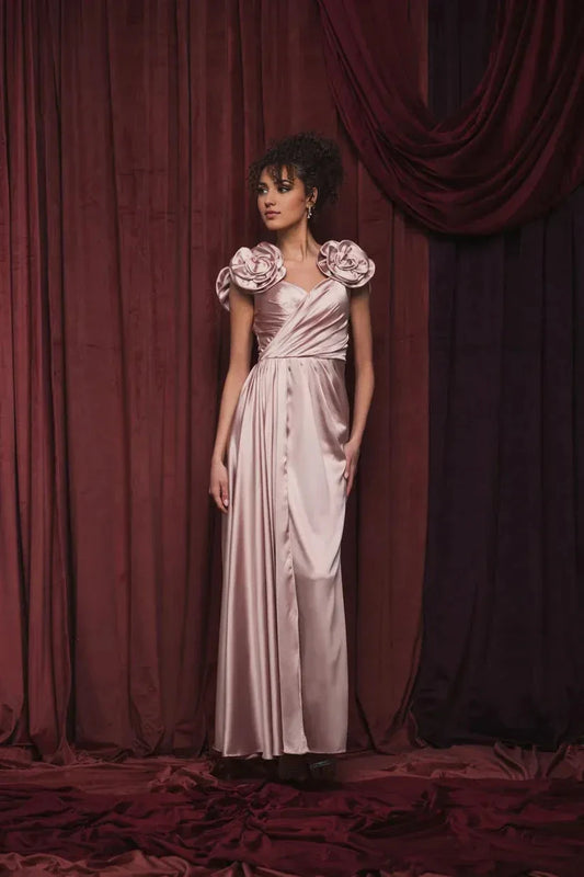 Romantic A-Line Sweetheart Flower Sleeve Open Back Floor Length Prom Dress by YiHuiw