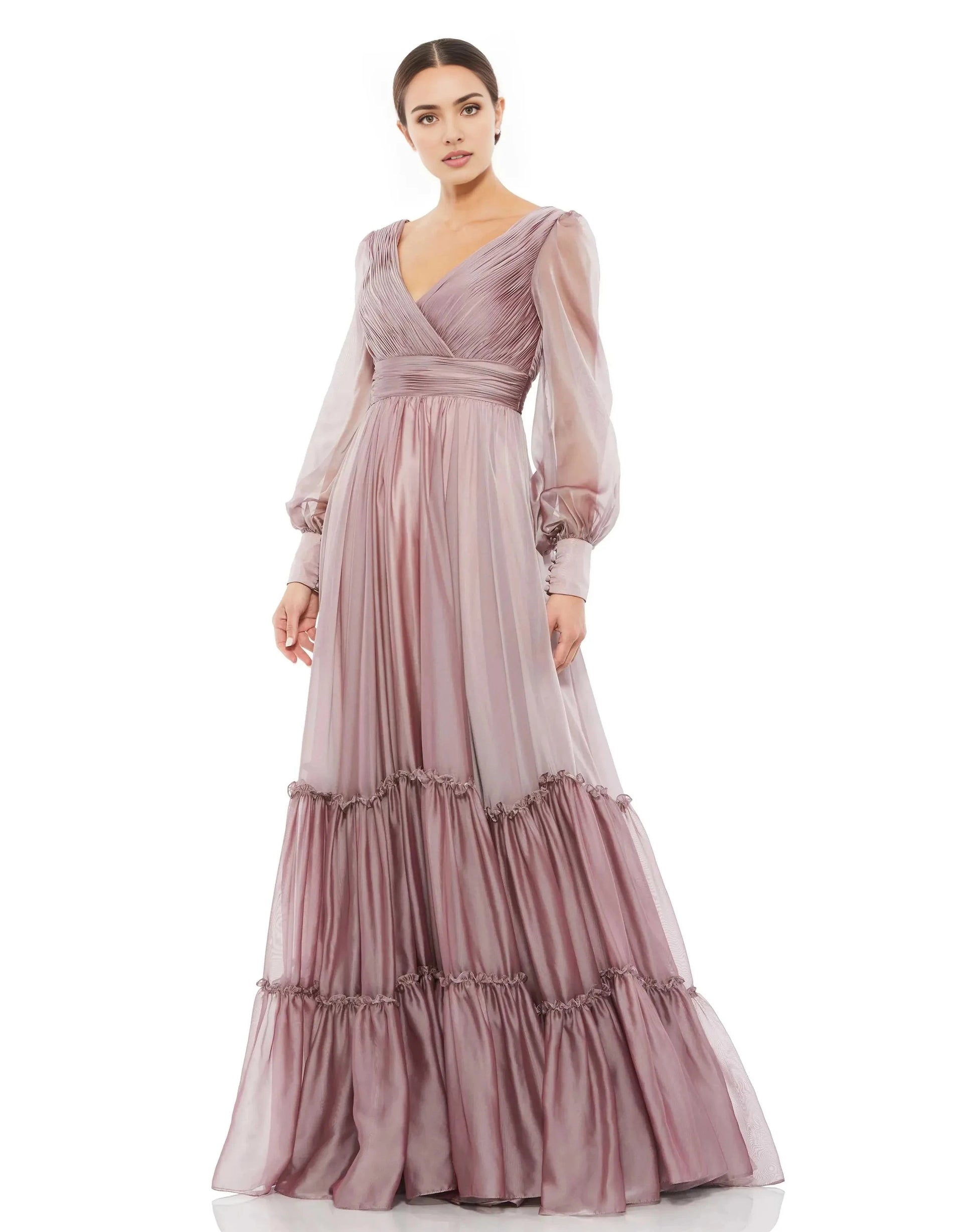 Romantic A-Line V Neck Long Sleeve Open Back Floor Length Prom Dress by YiHuiw