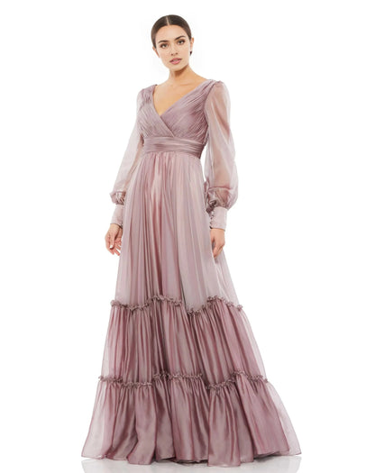 Romantic A-Line V Neck Long Sleeve Open Back Floor Length Prom Dress by YiHuiw