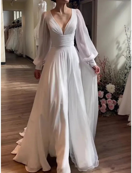 A-Line Chiffon Long Sleeve Train Wedding Dress - Yihuiw by Yihuiw