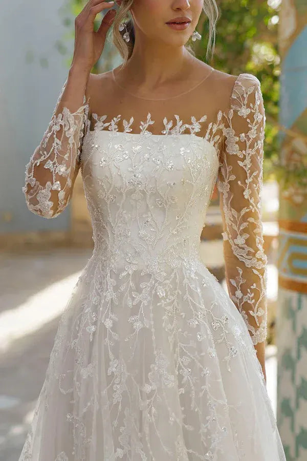 A-Line Illusion Lace Long Sleeve Wedding Dress - Yihuiw by Yihuiw