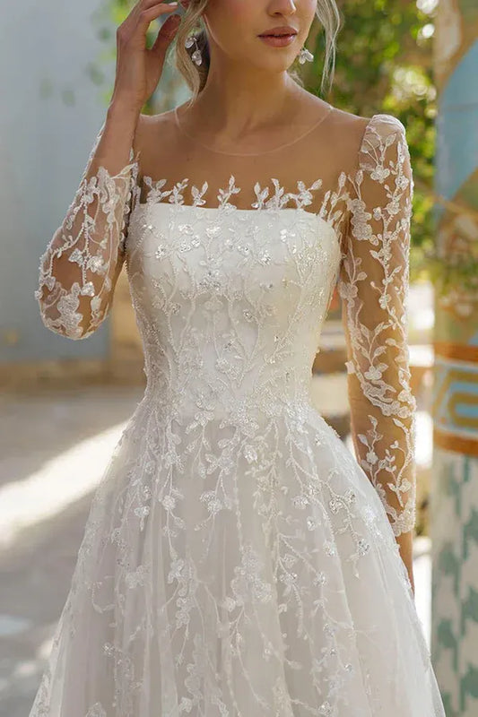 A-Line Illusion Lace Long Sleeve Wedding Dress - Yihuiw by Yihuiw