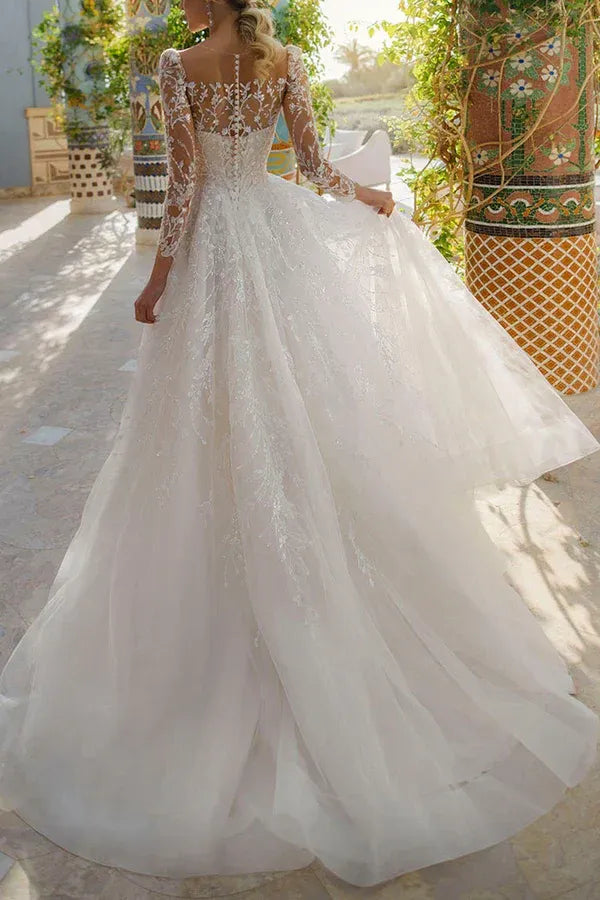 A-Line Illusion Lace Long Sleeve Wedding Dress - Yihuiw by Yihuiw