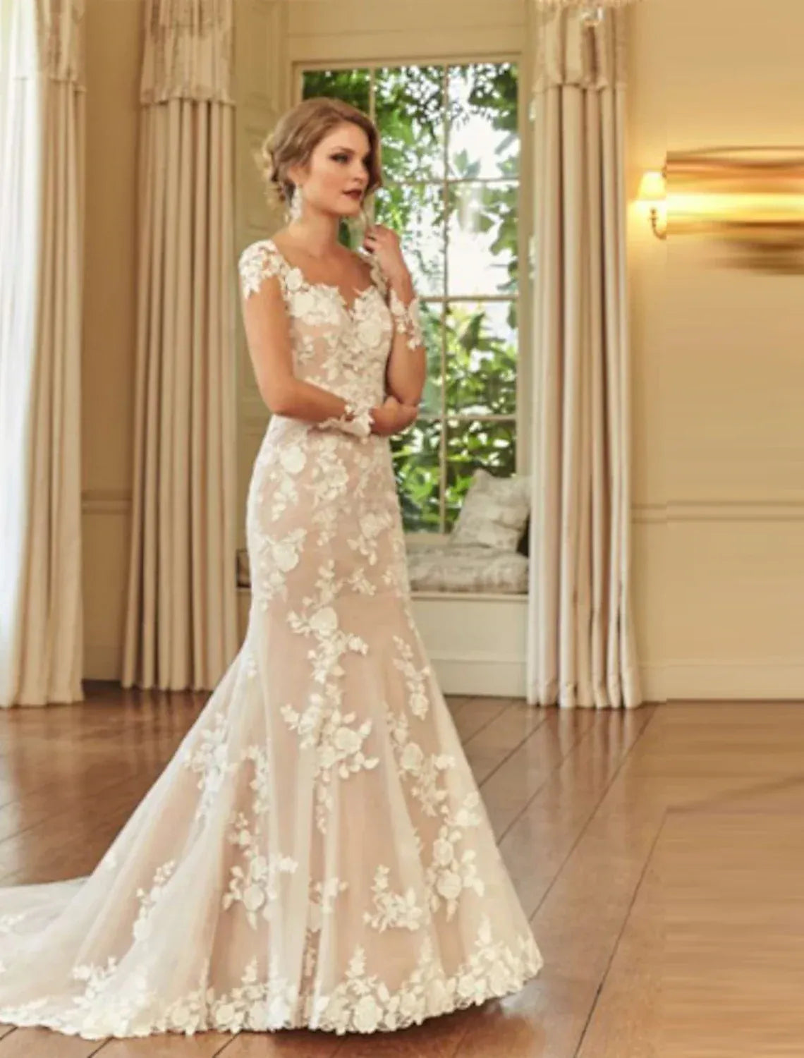 Champagne Mermaid Lace Cap Sleeve Button Back Train Wedding Dress - Yihuiw by Yihuiw