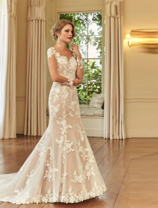 Champagne Mermaid Lace Cap Sleeve Button Back Train Wedding Dress - Yihuiw by Yihuiw