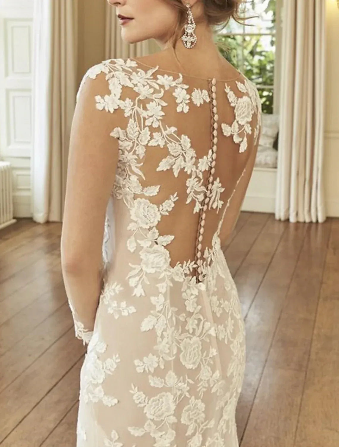Champagne Mermaid Lace Cap Sleeve Button Back Train Wedding Dress - Yihuiw by Yihuiw