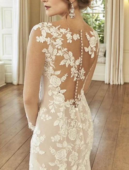 Champagne Mermaid Lace Cap Sleeve Button Back Train Wedding Dress - Yihuiw by Yihuiw